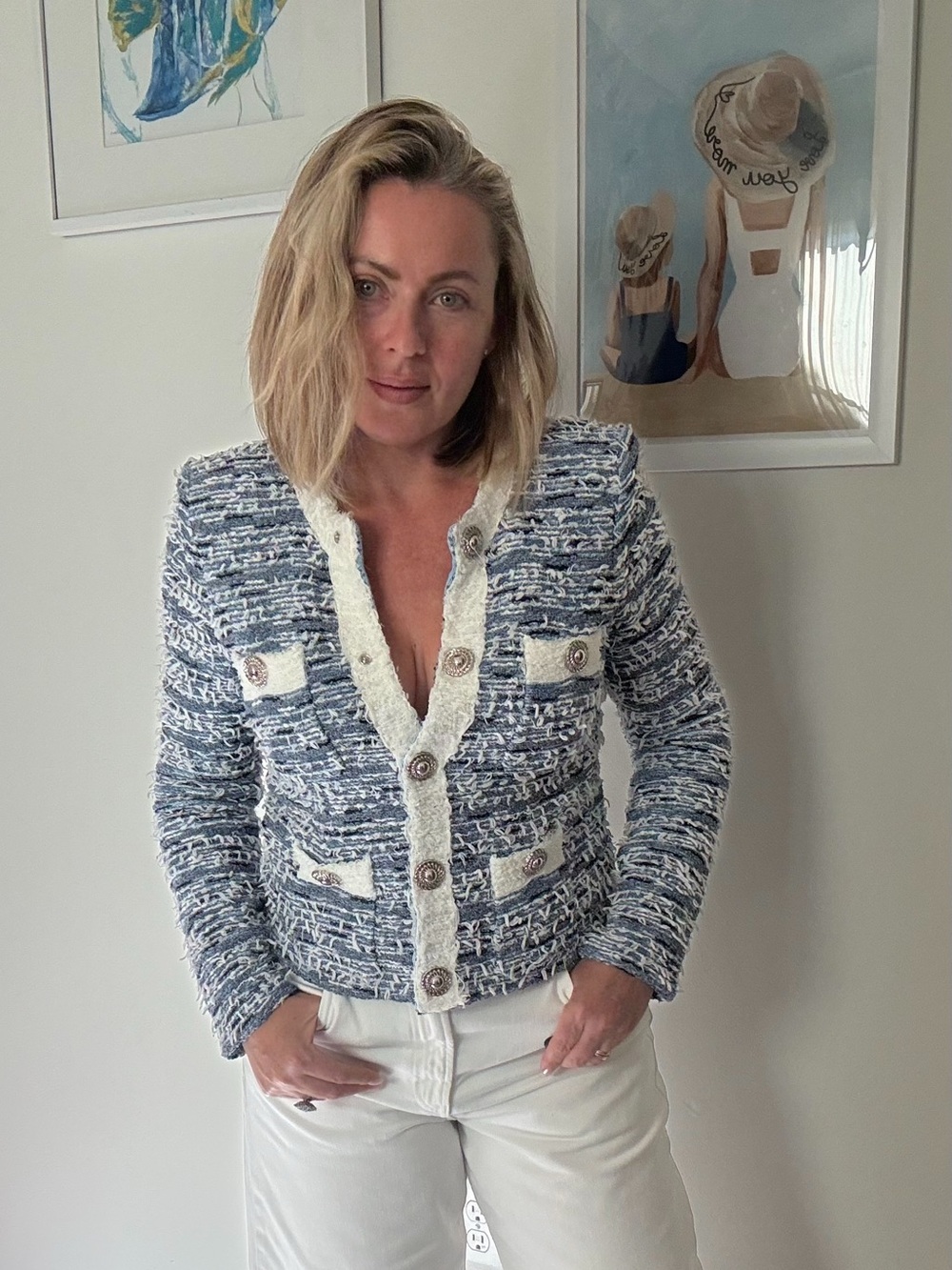 Vintage Pookie & Sebastian Blue White Bouclé Tweed Blazer Jacket Size 6 USA - Picture 6 of 9